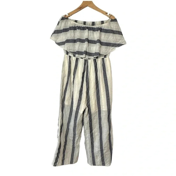 Mystree L blue & cream‎ striped off the shoulder lightweight jumpsuit pockets - Picture 1 of 7